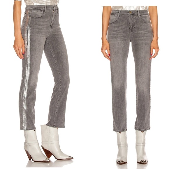 Frame Denim Le High Straight Metallic Silver Foil Tux Jeans Grey Size 25 NEW - Picture 6 of 13